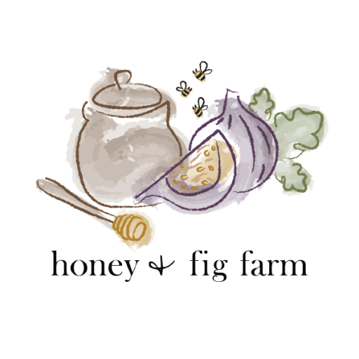 watercolor artwork of farm products featuring the text "honey + fig farm"